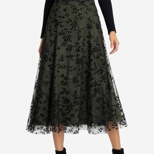 Olive Green Mesh Overlay Skirt Floral Velvet Burnout Midi A-Line Women’s M